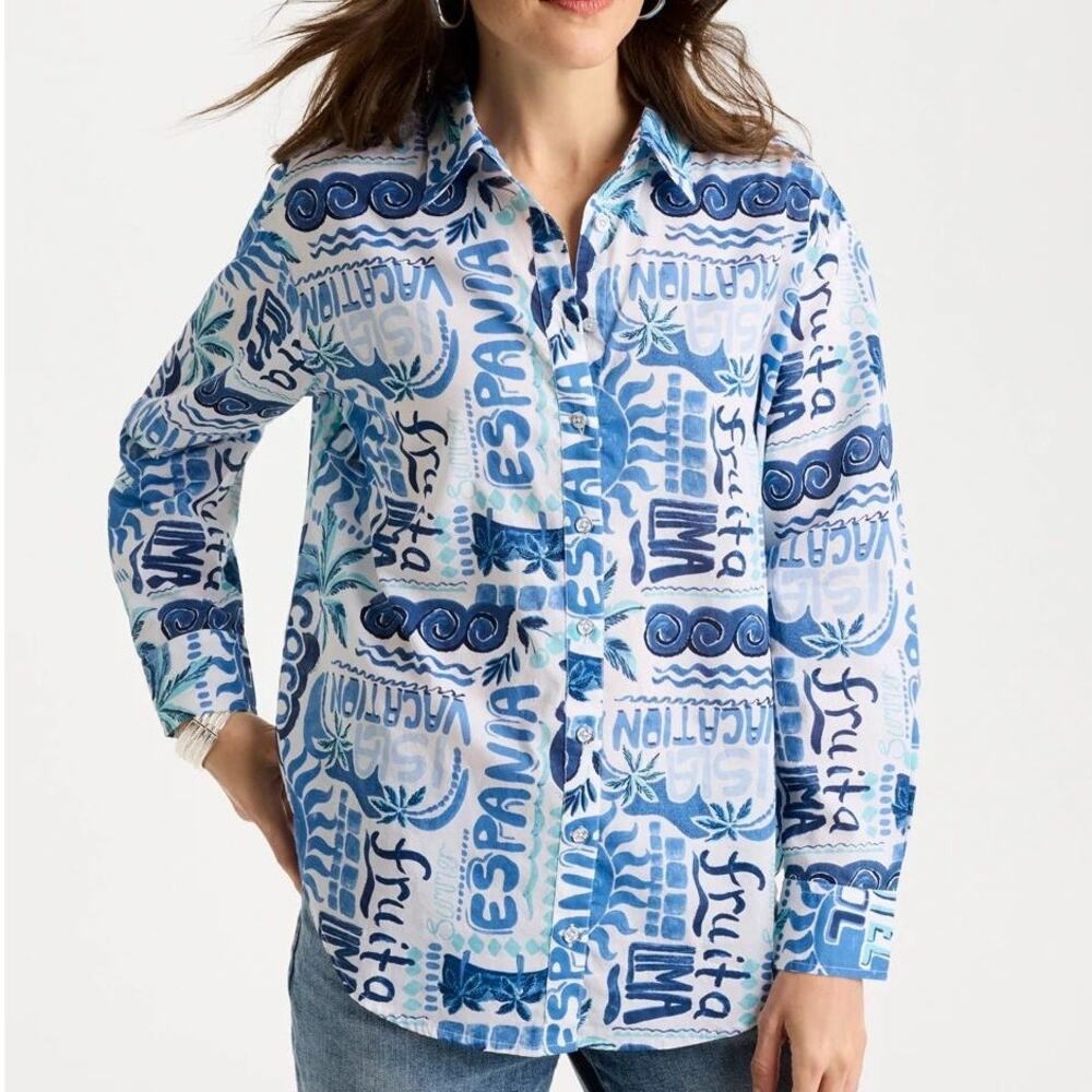Chico's Cotton Voile Collared Beach Shirt Women's 2 (US 12) Bondi Blue Print